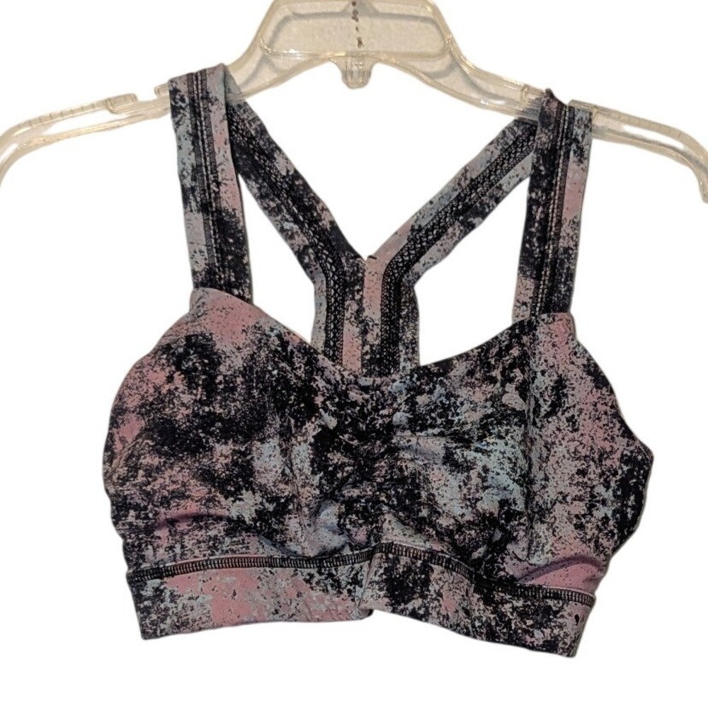 Handful "Smoke Show" Y-Back sports bra in a pink and black splatter print   Sz S